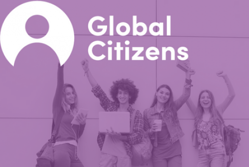 A group of four students in an outside space with a purple overlay and the text "Global Citizens"