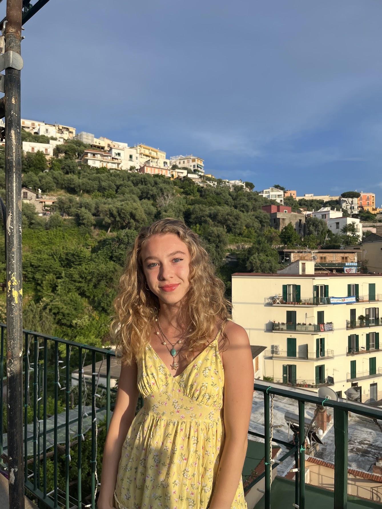 Chiara Sforza on a balcony in Italy