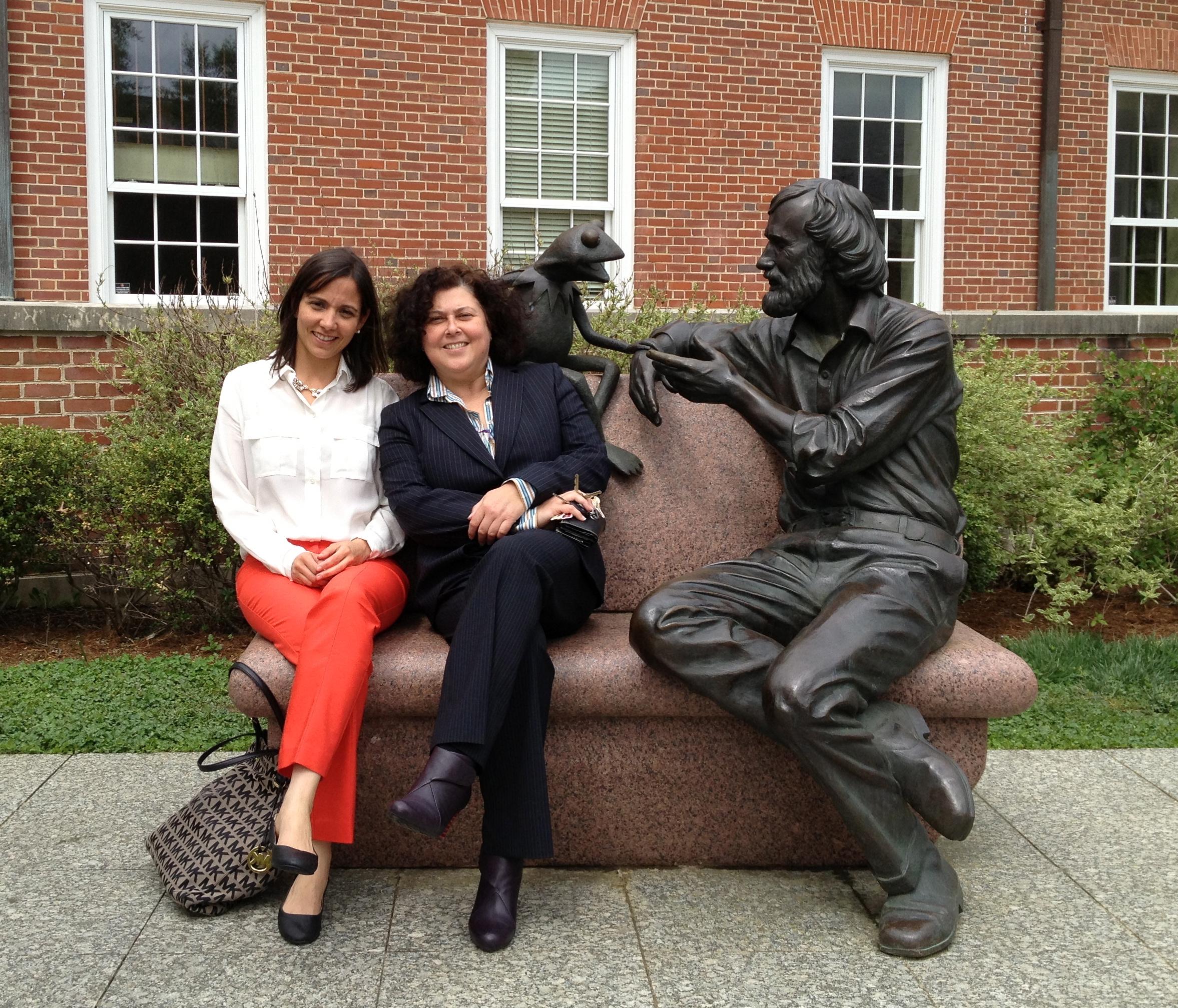 Rebeca Moreno poses next to her mentor Dr. Eyda M. Merediz by the Jim Henson statue on campus.